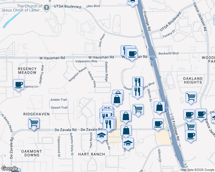 map of restaurants, bars, coffee shops, grocery stores, and more near 5827 Piedmont Glen in San Antonio