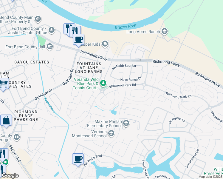 map of restaurants, bars, coffee shops, grocery stores, and more near 23714 Old Blue Court in Richmond