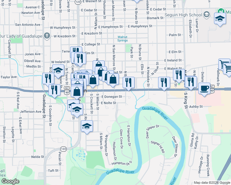 map of restaurants, bars, coffee shops, grocery stores, and more near 603 East Court Street in Seguin