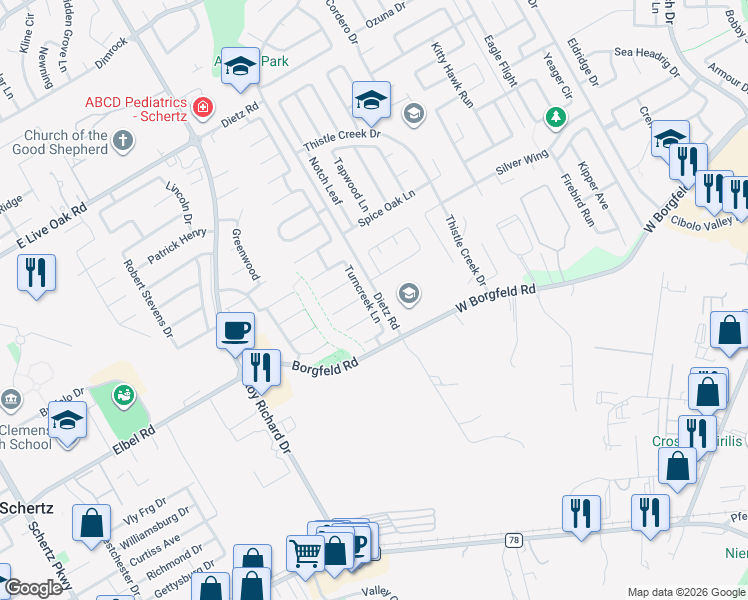 map of restaurants, bars, coffee shops, grocery stores, and more near 1020 Gate Creek Lane in Schertz
