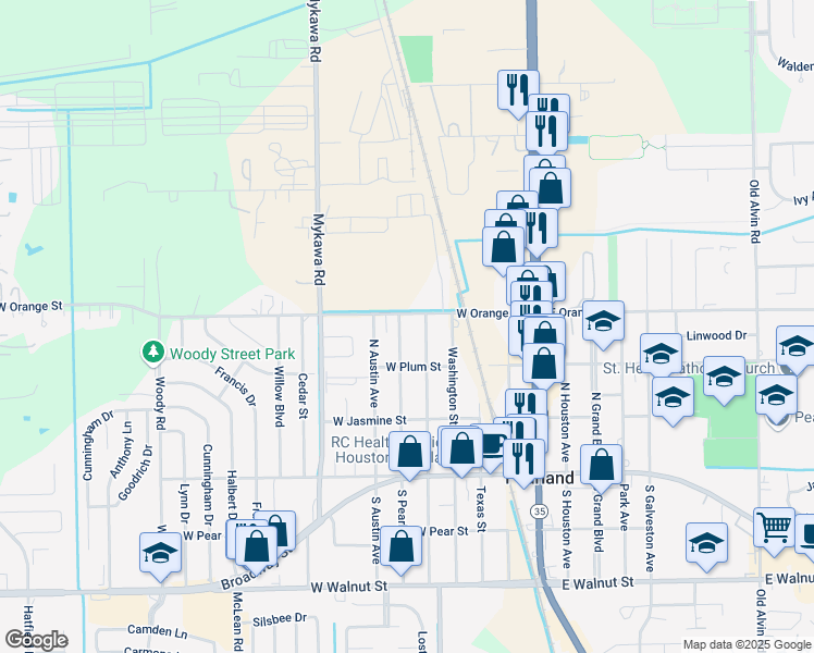 map of restaurants, bars, coffee shops, grocery stores, and more near 2132 North Pearland Avenue in Pearland