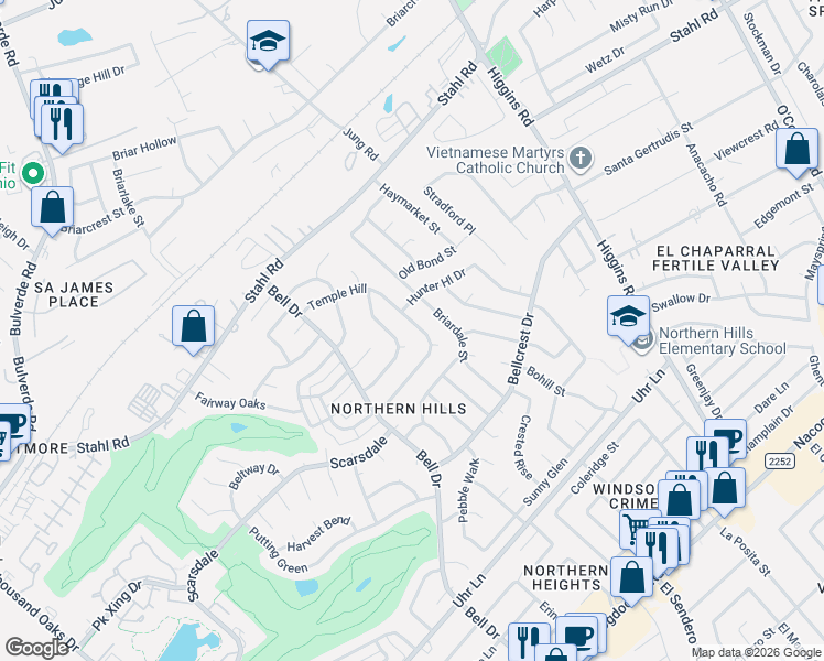 map of restaurants, bars, coffee shops, grocery stores, and more near 4503 Temple Hill in San Antonio