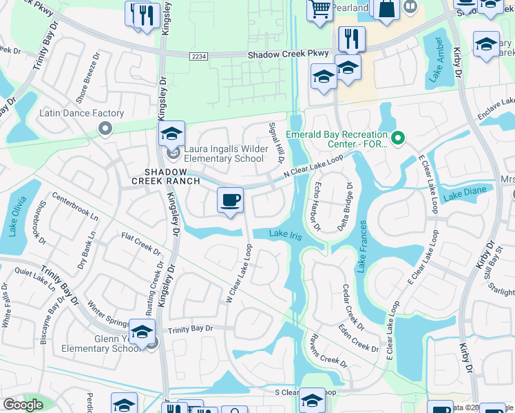 map of restaurants, bars, coffee shops, grocery stores, and more near 2305 Cape Landing Drive in Pearland