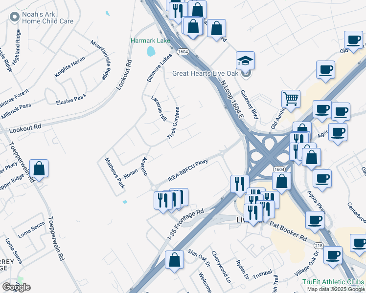 map of restaurants, bars, coffee shops, grocery stores, and more near 13804 Tivoli Gardens in Live Oak