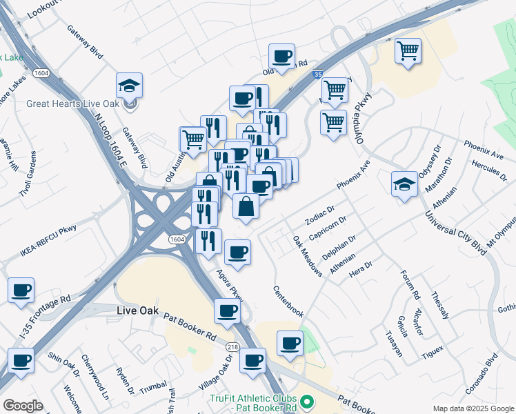 map of restaurants, bars, coffee shops, grocery stores, and more near 8234 Agora Parkway in Selma