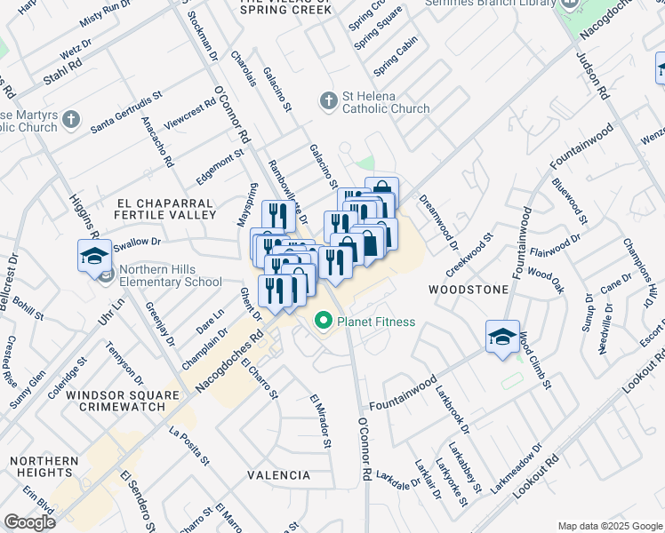 map of restaurants, bars, coffee shops, grocery stores, and more near 14094 O'Connor Road in San Antonio