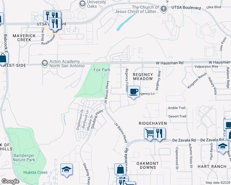 map of restaurants, bars, coffee shops, grocery stores, and more near 6607 Ivywood Drive in San Antonio