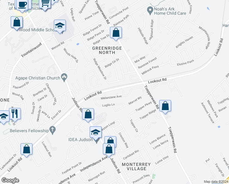 map of restaurants, bars, coffee shops, grocery stores, and more near 6406 Ridge Creek Drive in San Antonio
