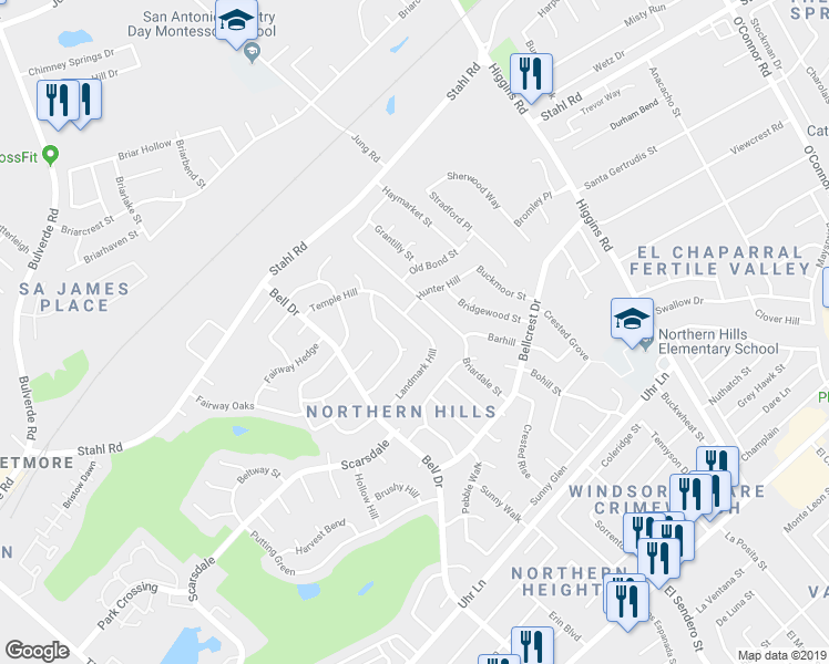 map of restaurants, bars, coffee shops, grocery stores, and more near 4503 Temple Hill in San Antonio