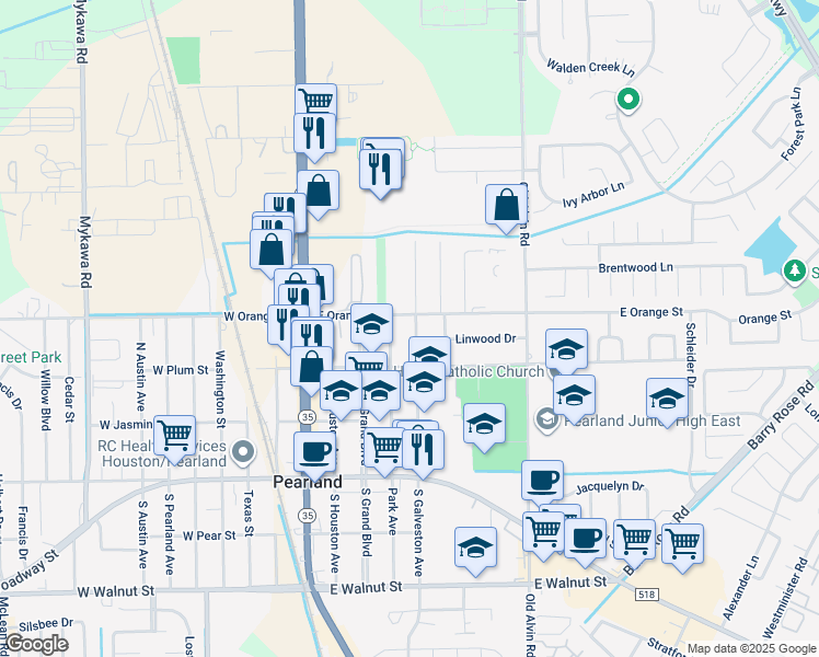 map of restaurants, bars, coffee shops, grocery stores, and more near 2106 Galveston Avenue in Pearland