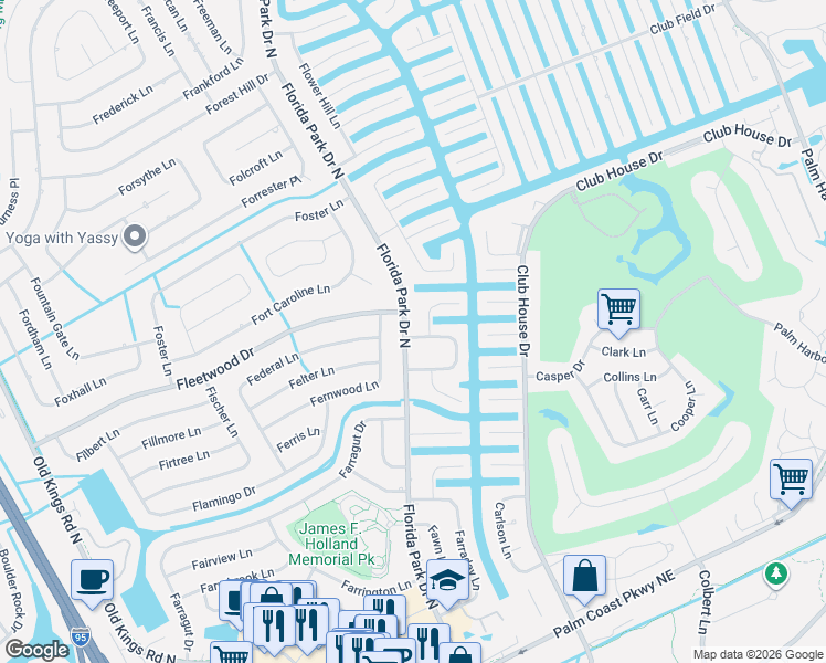 map of restaurants, bars, coffee shops, grocery stores, and more near 8 Ferguson Court in Palm Coast