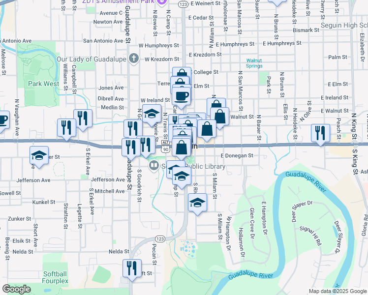 map of restaurants, bars, coffee shops, grocery stores, and more near in Seguin