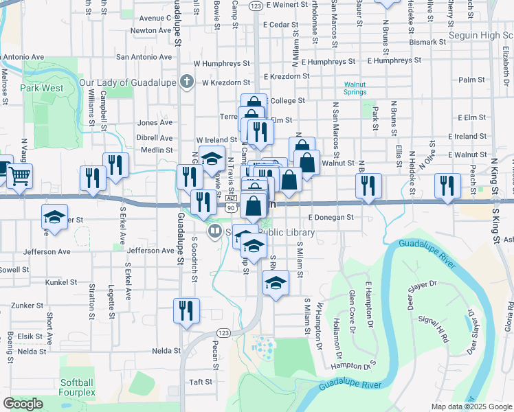 map of restaurants, bars, coffee shops, grocery stores, and more near in Seguin