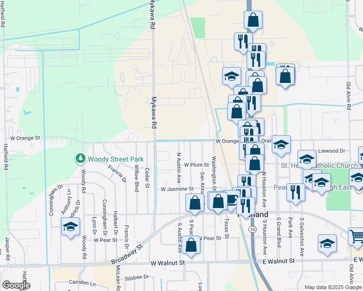 map of restaurants, bars, coffee shops, grocery stores, and more near 2107 North Austin Avenue in Pearland