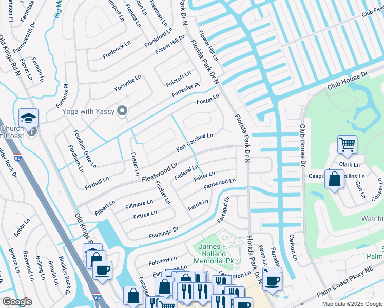 map of restaurants, bars, coffee shops, grocery stores, and more near 55 Fleetwood Drive in Palm Coast