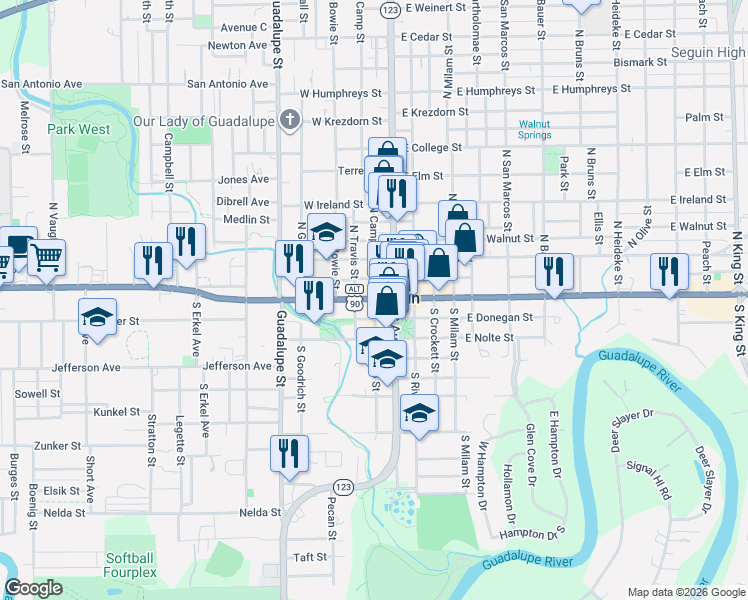 map of restaurants, bars, coffee shops, grocery stores, and more near in Seguin