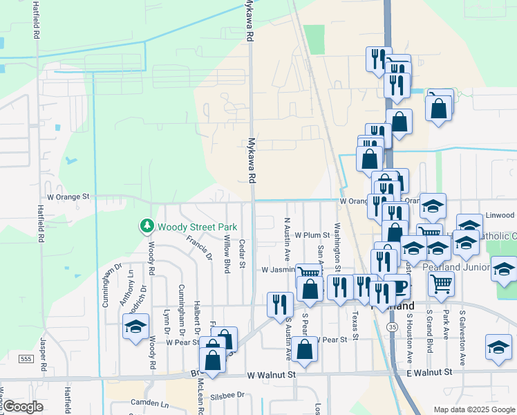 map of restaurants, bars, coffee shops, grocery stores, and more near 4626 West Orange Street in Pearland