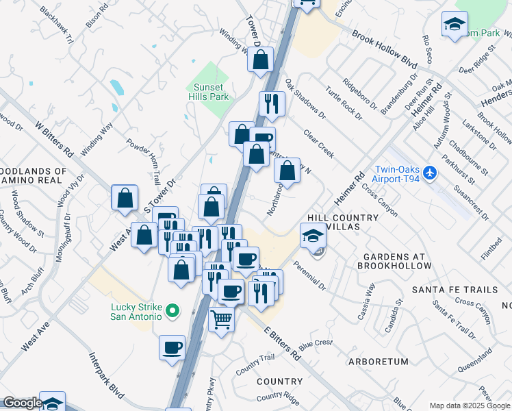 map of restaurants, bars, coffee shops, grocery stores, and more near 14100 San Pedro Avenue in San Antonio