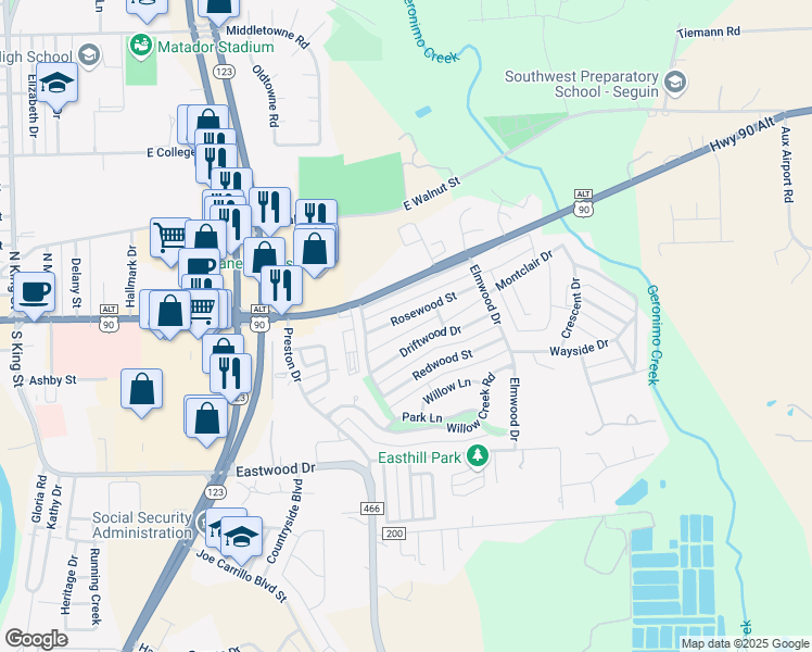 map of restaurants, bars, coffee shops, grocery stores, and more near 1621 Lullwood Lane in Seguin