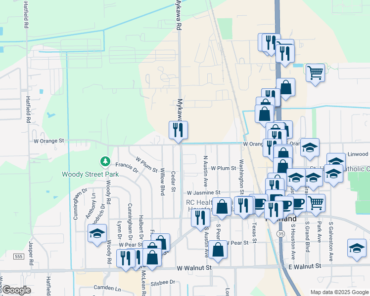 map of restaurants, bars, coffee shops, grocery stores, and more near 4628 West Orange Street in Pearland