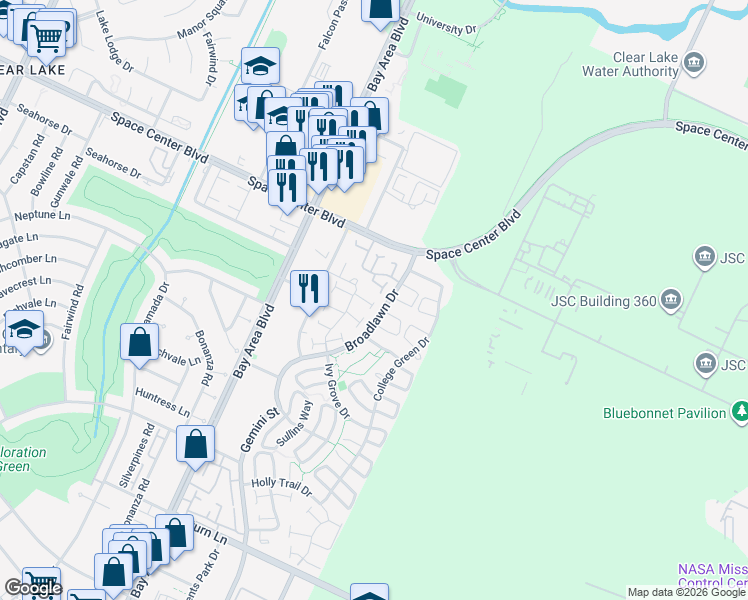 map of restaurants, bars, coffee shops, grocery stores, and more near 2301 Broadlawn Drive in Houston