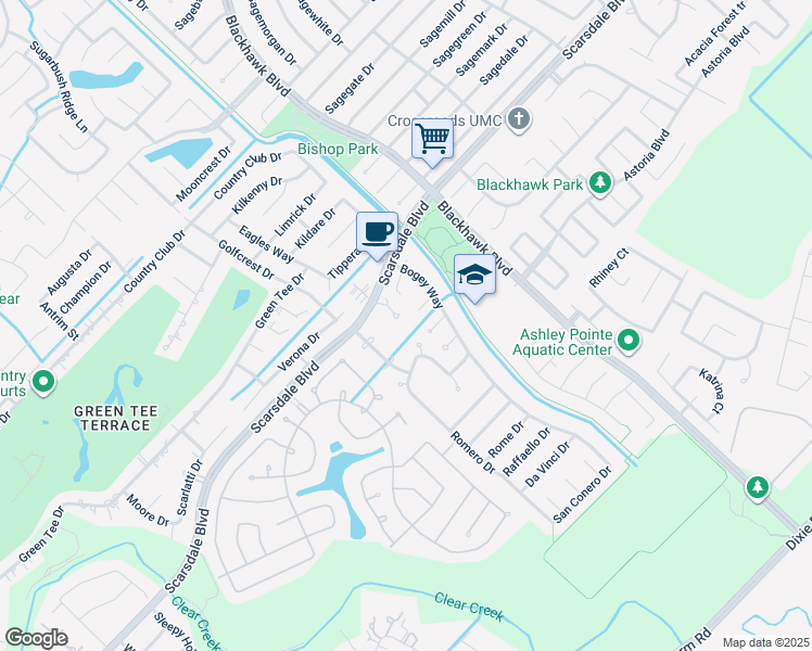 map of restaurants, bars, coffee shops, grocery stores, and more near 2121 Scarsdale Boulevard in Pearland