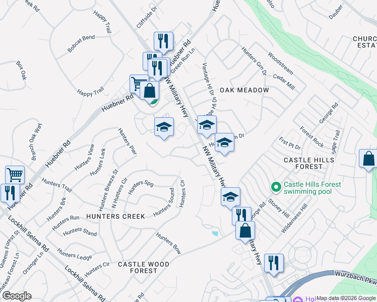 map of restaurants, bars, coffee shops, grocery stores, and more near 14007 Hunters Vale in San Antonio