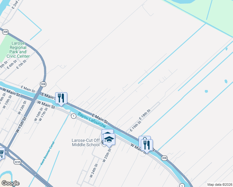 map of restaurants, bars, coffee shops, grocery stores, and more near East Avenue B in Larose