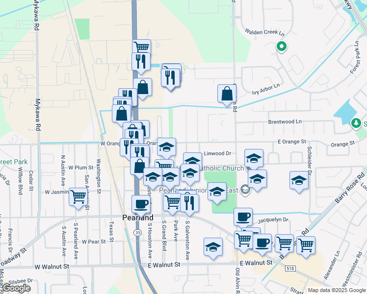 map of restaurants, bars, coffee shops, grocery stores, and more near 2104 North Galveston Avenue in Pearland