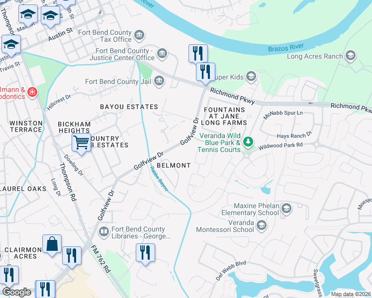 map of restaurants, bars, coffee shops, grocery stores, and more near 205 Golfview Drive in Richmond