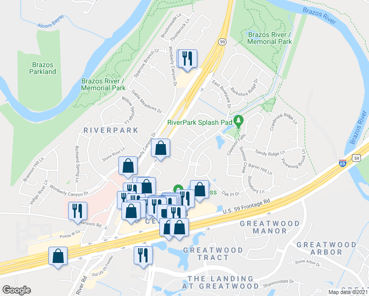 map of restaurants, bars, coffee shops, grocery stores, and more near 5727 Black Canyon Court in Sugar Land
