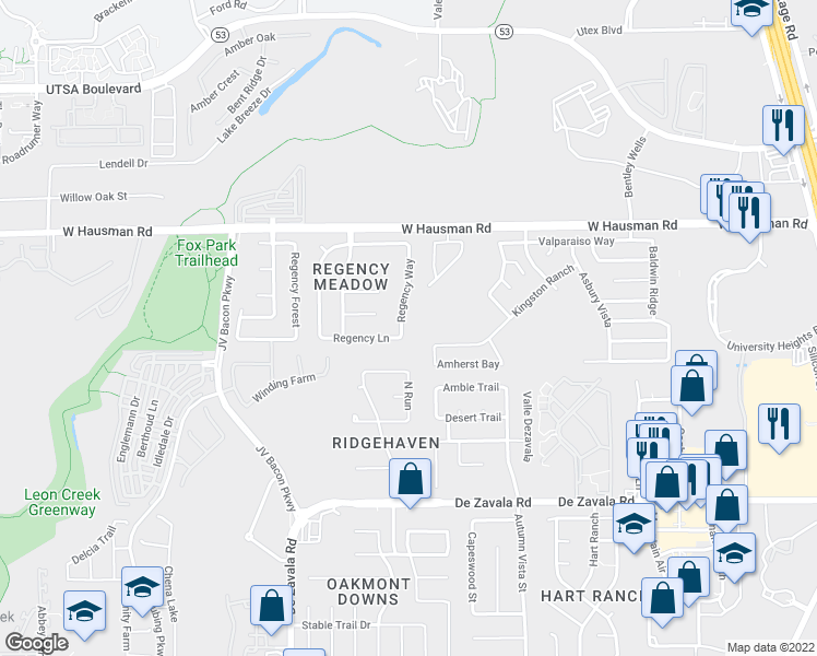 map of restaurants, bars, coffee shops, grocery stores, and more near 13130 Regency Way in San Antonio