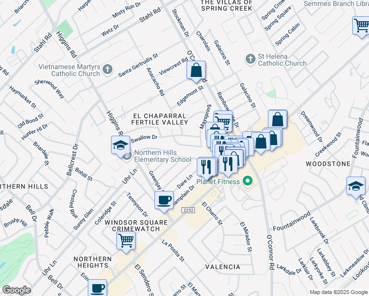 map of restaurants, bars, coffee shops, grocery stores, and more near 14251 Clover Hill in San Antonio