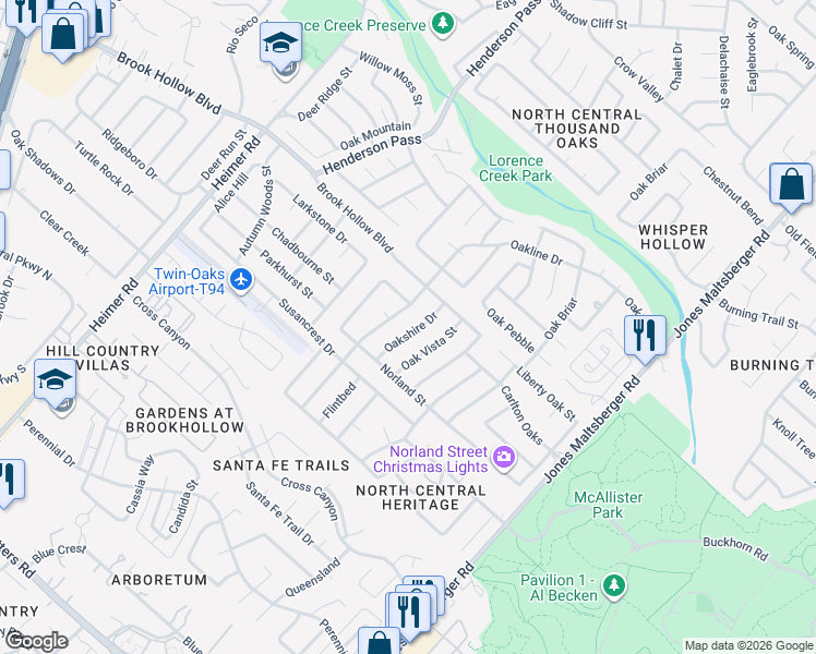 map of restaurants, bars, coffee shops, grocery stores, and more near 2015 Oakshire Drive in San Antonio