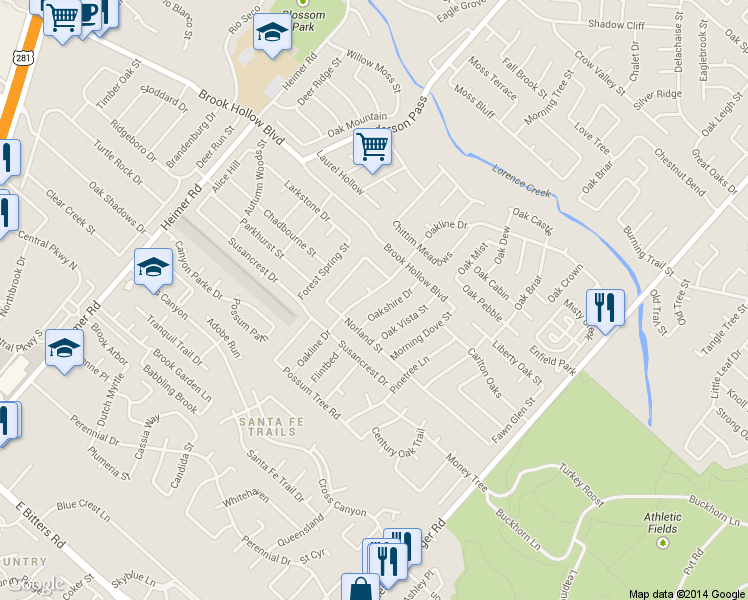 map of restaurants, bars, coffee shops, grocery stores, and more near 14002 Oak Arbor Street in San Antonio