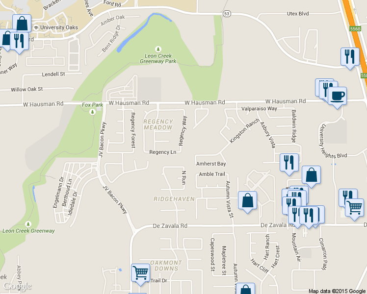map of restaurants, bars, coffee shops, grocery stores, and more near 13130 Regency Way in San Antonio