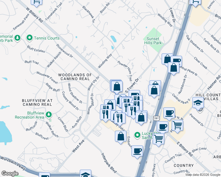 map of restaurants, bars, coffee shops, grocery stores, and more near 400 West Bitters Road in San Antonio