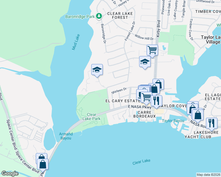 map of restaurants, bars, coffee shops, grocery stores, and more near 303 Forest Lake Drive in Seabrook