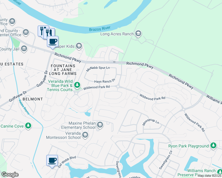 map of restaurants, bars, coffee shops, grocery stores, and more near 2102 Hays Ranch Drive in Richmond