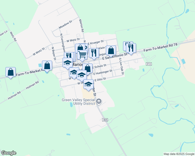 map of restaurants, bars, coffee shops, grocery stores, and more near 103 East Huebinger Street in Marion