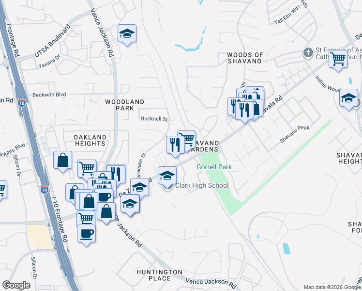 map of restaurants, bars, coffee shops, grocery stores, and more near 4839 Brandeis Street in San Antonio