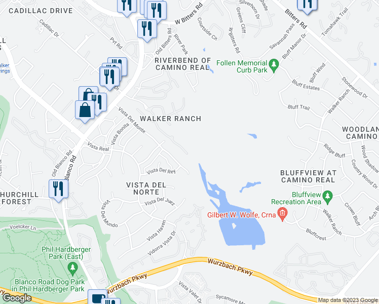map of restaurants, bars, coffee shops, grocery stores, and more near 1107 Walkers Way in San Antonio