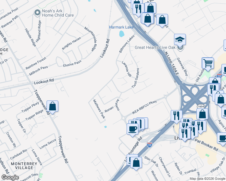 map of restaurants, bars, coffee shops, grocery stores, and more near 13608 Tivoli Gardens in Live Oak
