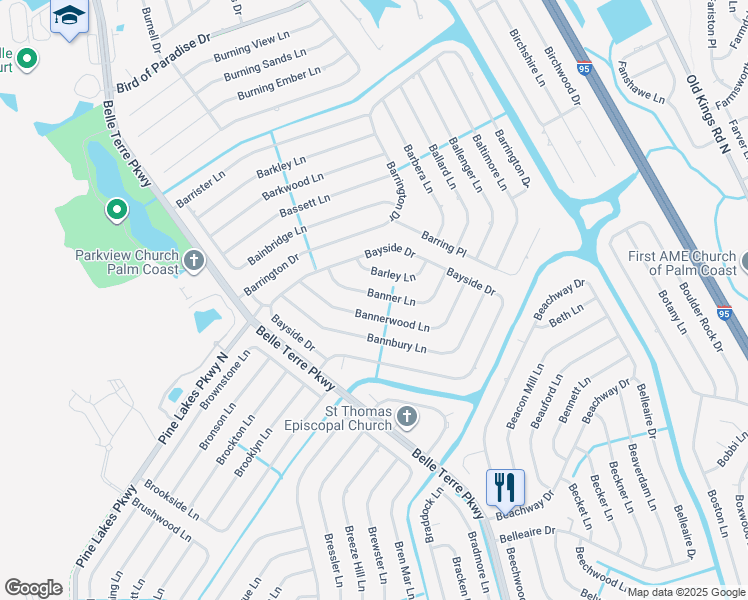 map of restaurants, bars, coffee shops, grocery stores, and more near 20 Banner Lane in Palm Coast