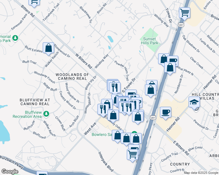 map of restaurants, bars, coffee shops, grocery stores, and more near 2 West Bitters Road in San Antonio