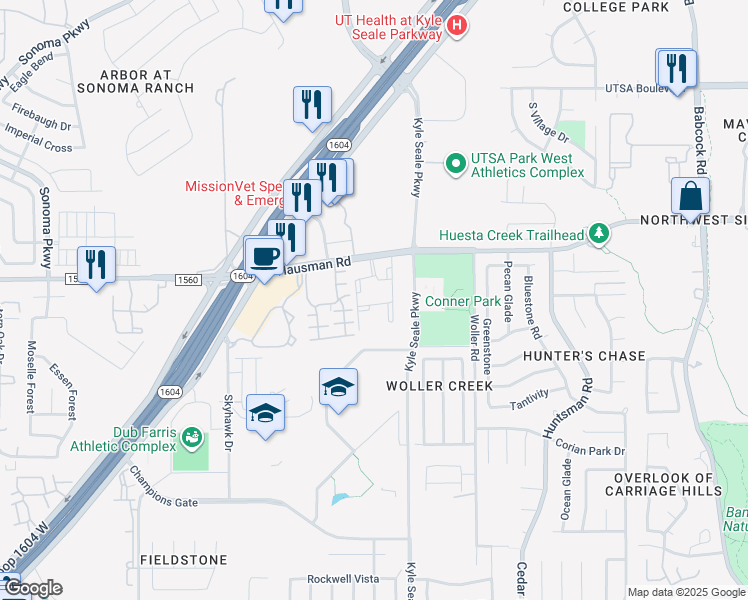 map of restaurants, bars, coffee shops, grocery stores, and more near 8102 West Hausman Road in San Antonio