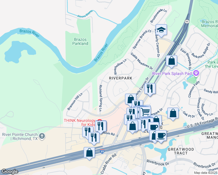 map of restaurants, bars, coffee shops, grocery stores, and more near 5230 Meadow Canyon Drive in Sugar Land