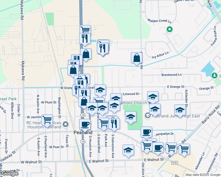 map of restaurants, bars, coffee shops, grocery stores, and more near 2102 North Galveston Avenue in Pearland