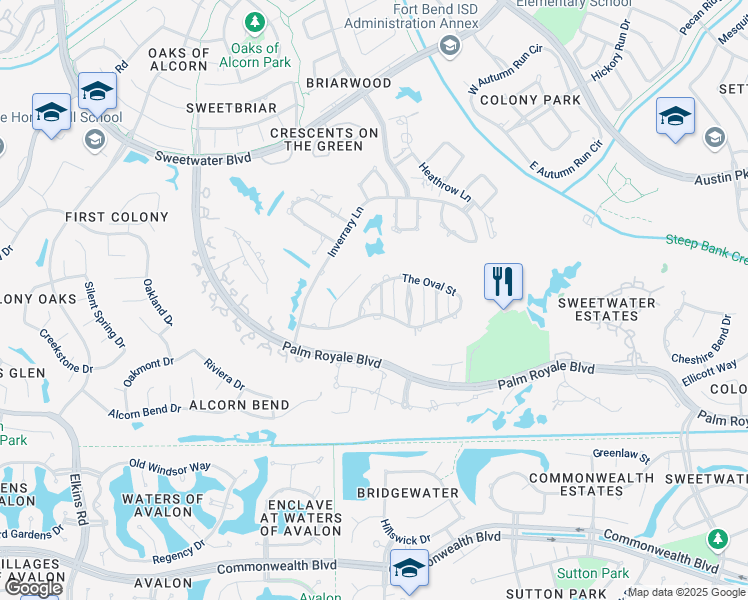 map of restaurants, bars, coffee shops, grocery stores, and more near 17 Massey Row in Sugar Land