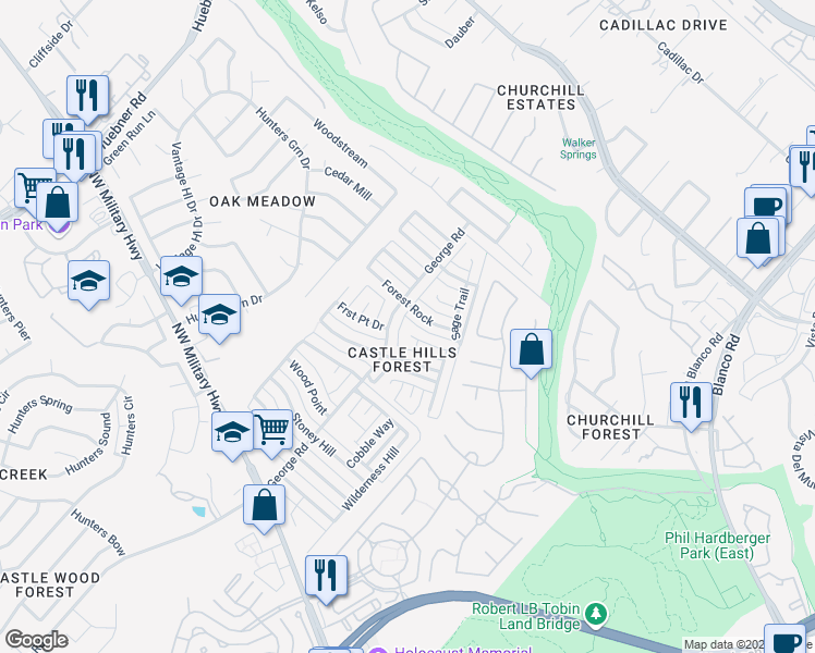 map of restaurants, bars, coffee shops, grocery stores, and more near 13646 High Chapel in San Antonio